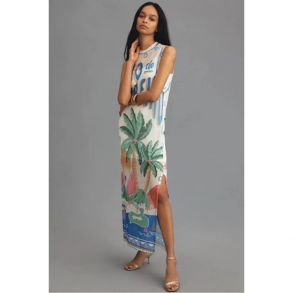 Anthropologie Farm Rio Tropical Mesh Midi Dress Blue White XS Vacation NWT - Picture 7 of 7